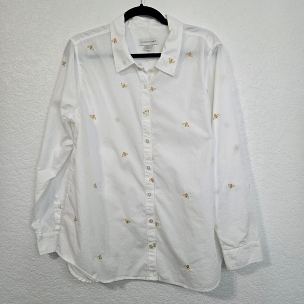 Christopher Banks XL Button‎ Up Cotton Shirt White Bee Embroidered Long Sleeve